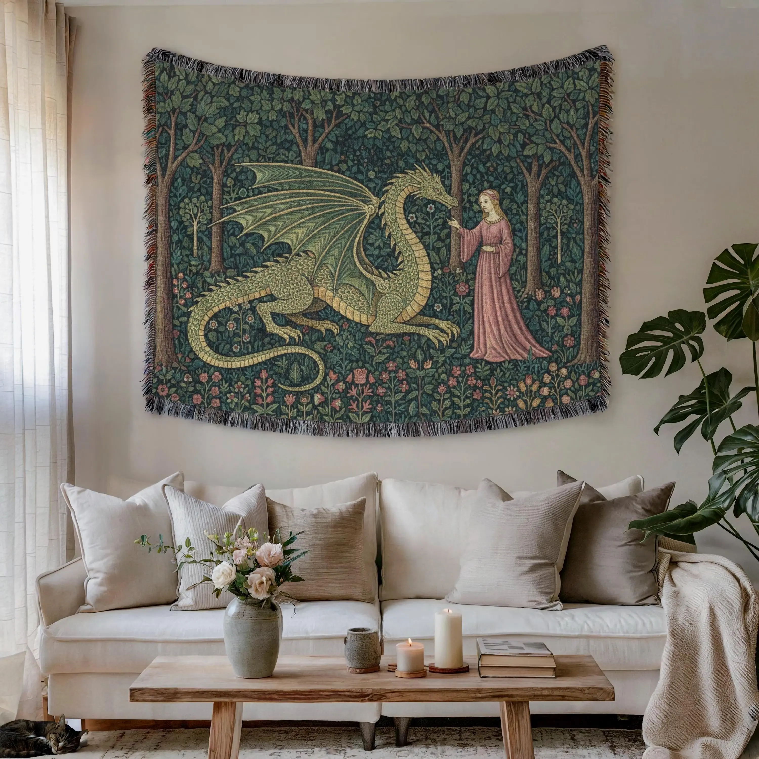 Medieval Tapestry, Vintage Dragon Blanket, Mythical Forest Woven Wall Hanging, Fantasy Nature Textile Wall Art, Botanical Medieval Decor