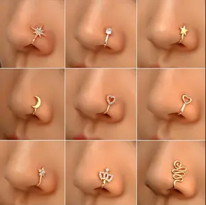 9pcs Nose Ring Jewelry Shape Nose Ring  Copper Non Piercing Nose Rings, U Shape Star Love Crown Nose Clip with Zirconia