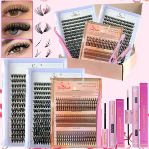 3 Boxes Cluster Eyelash kit for Natural Soft Volume Wispy Looking with spike eyelash and bottom eyelash with tool set bond seal Remover and applicator DIY Eyelash set at home for make up and everyday and Gift For Christmas Eyelash Gift Pack