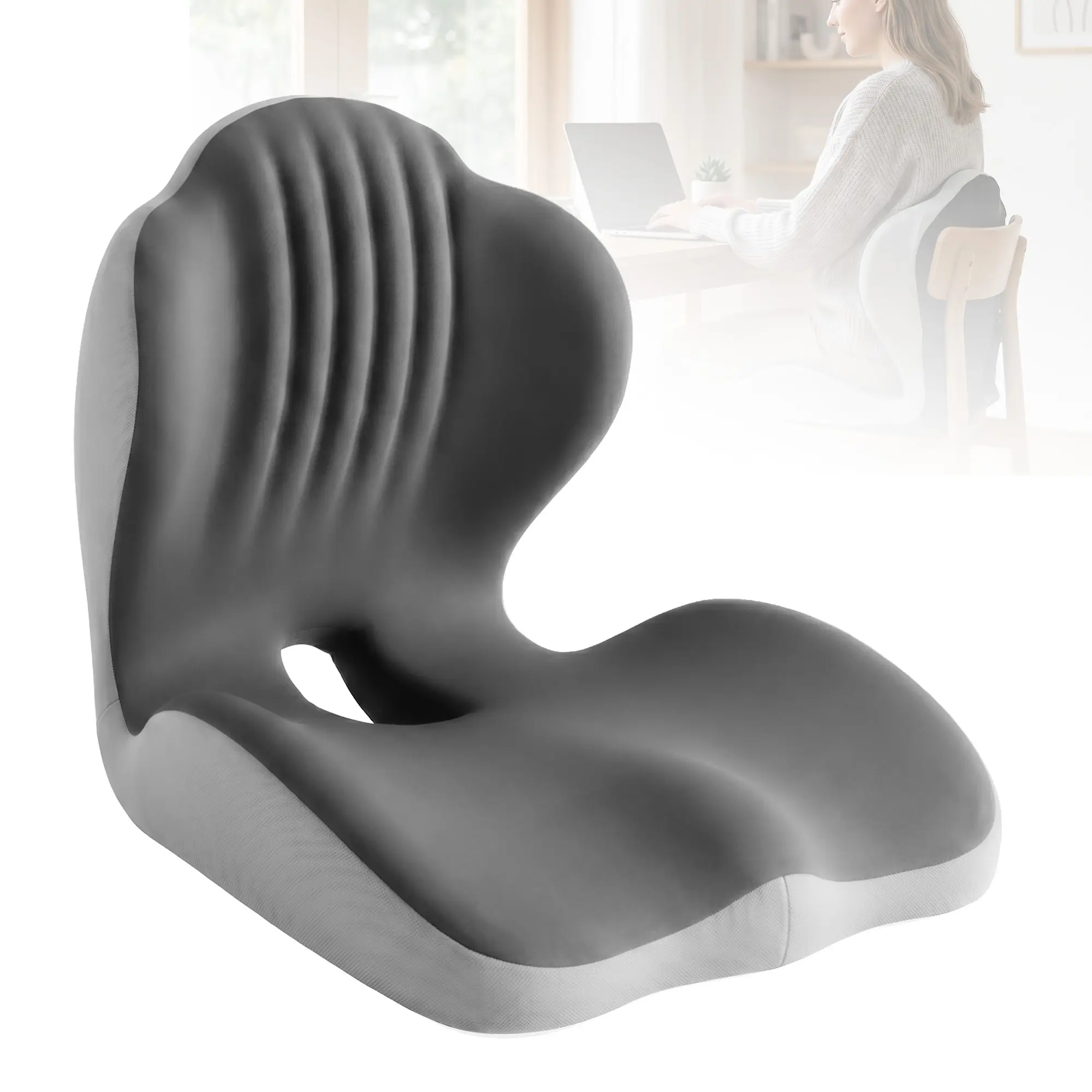 Ergonomic Memory Foam Seat Cushion & Lumbar Support Set, Stay-in-Place Chair Pad with Elastic Straps & Non-Slip Base, Washable Cover, Sciatica & Back Pain Relief for Long Sitting Office, Car, Home Gift