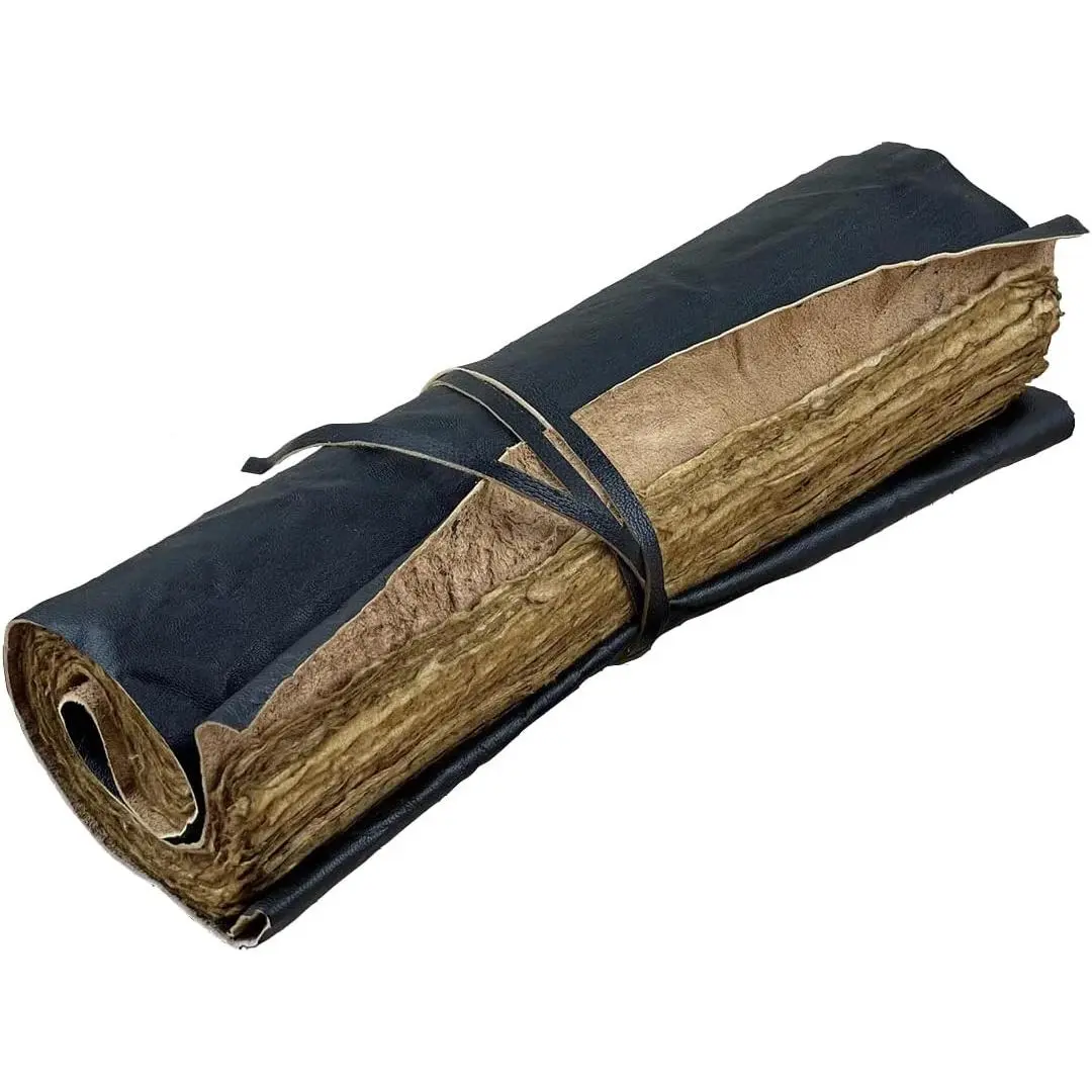 Handmade Leather Scroll Journal - 100 Pages  Style Unlined Deckle Edge Rustic Paper - 9x6 Book of Shadows, Grimoire, Fantasy Gifts, Sketchbook, Antique Scrapbook (Black w/ Paper)