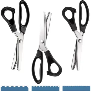 Pinking shears available in three sizes (3 mm, 5 mm, and 7 mm) for crafting and paper cutting; scalloped zigzag scissors; a handheld serrated, jagged dressmaking tool measuring 9.3 inches suitable for leather, fabric, and craft paper.