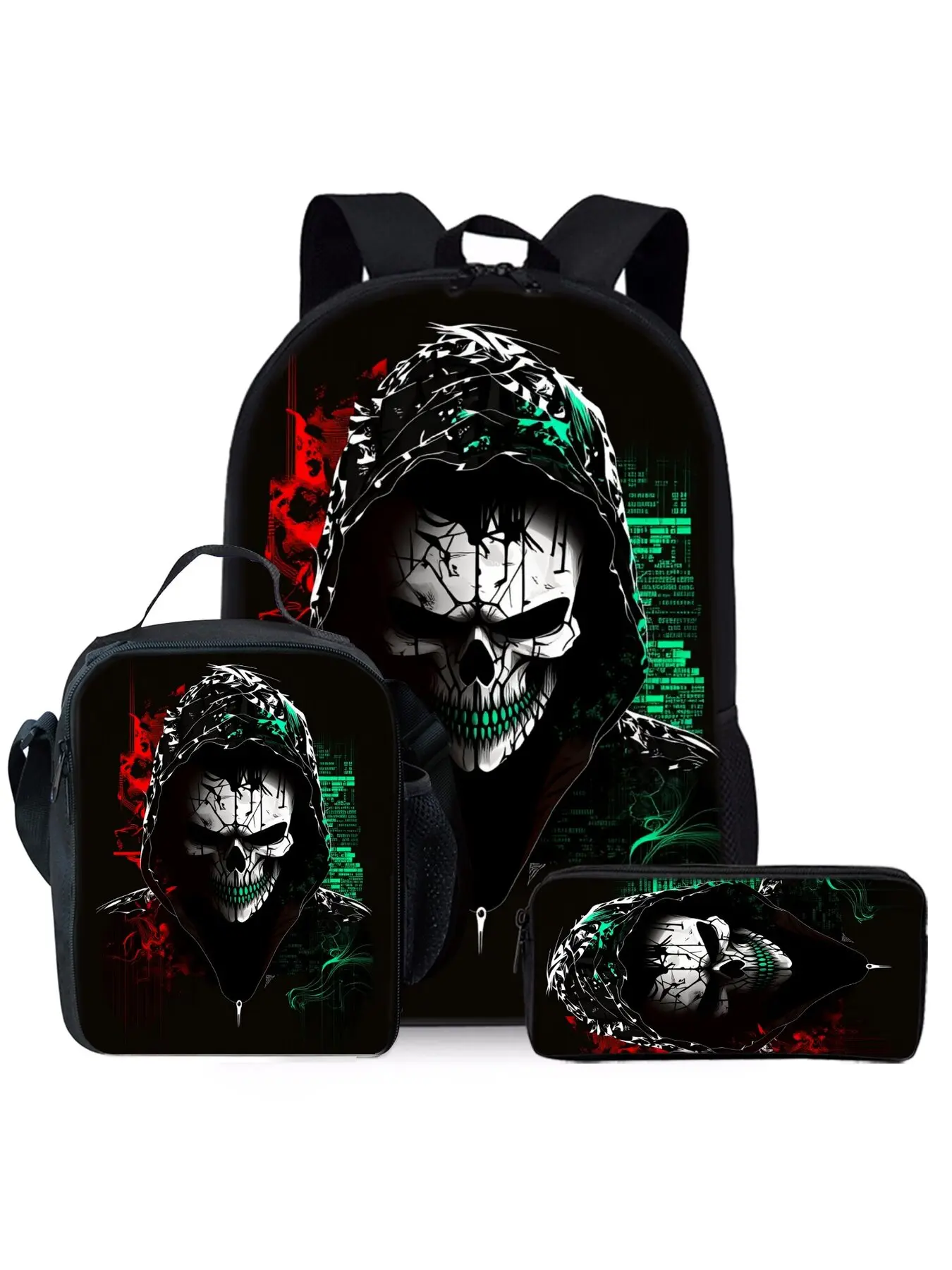 Skull Clown Print Unique Pattern 3-Piece School Backpack Set, Casual Printed Geometric Pattern Backpack, Multi Compartment Backpack, Organized, Lunch Bag, Pencil Case, Backpack