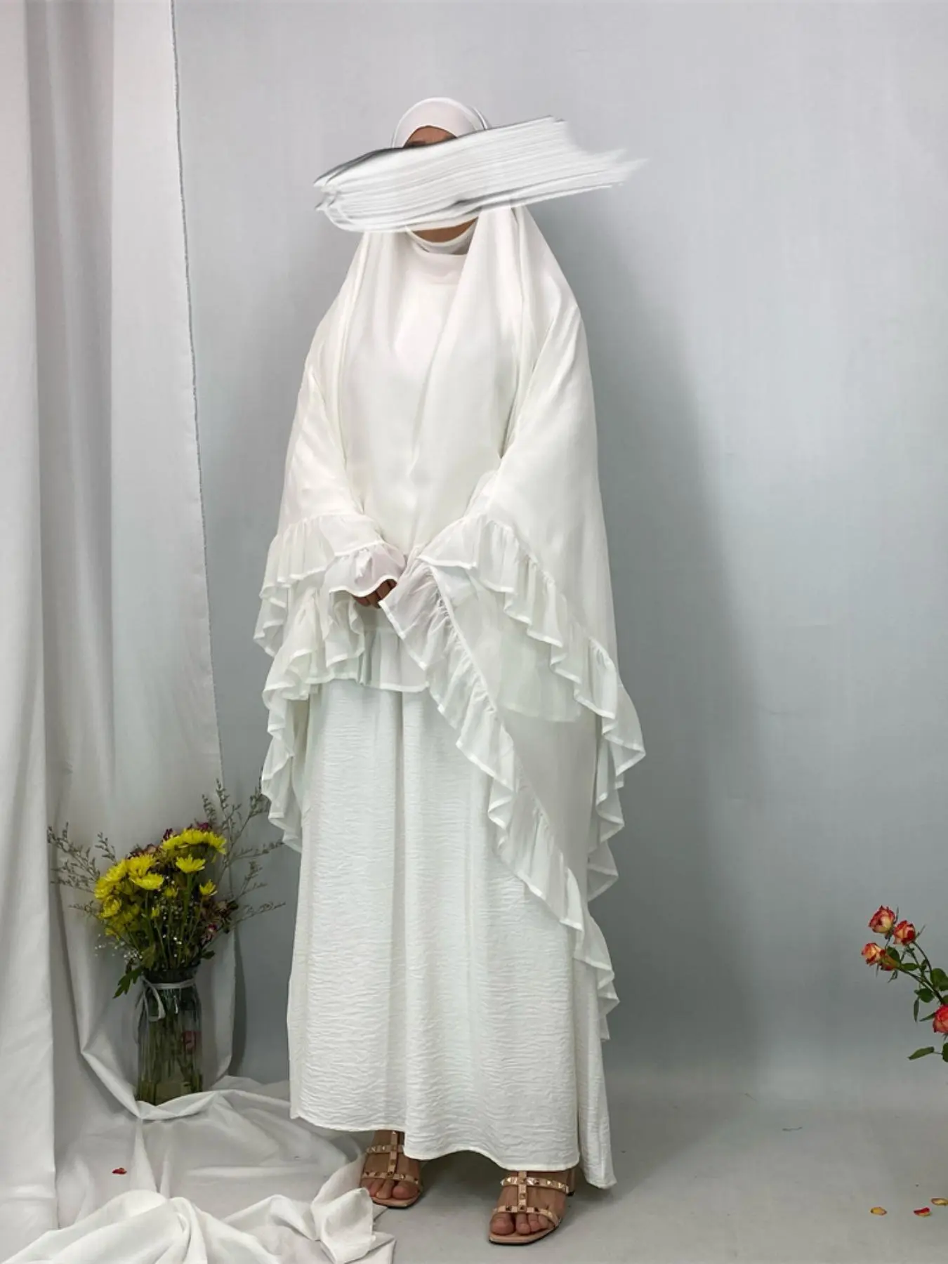 Women's Solid Ruffle Hem Chiffon Khimar, Modest Fashion Maxi Long Hijab for Daily Wear, Women's Islamic Clothing for All Seasons, Modesty