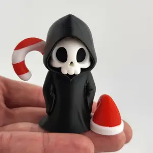 Cute 3D Printed Grim Reaper Ornament, Mini Skeleton Figurine with Candy Cane, Spooky Gothic Desk Decor, Christmas & Halloween Collectible