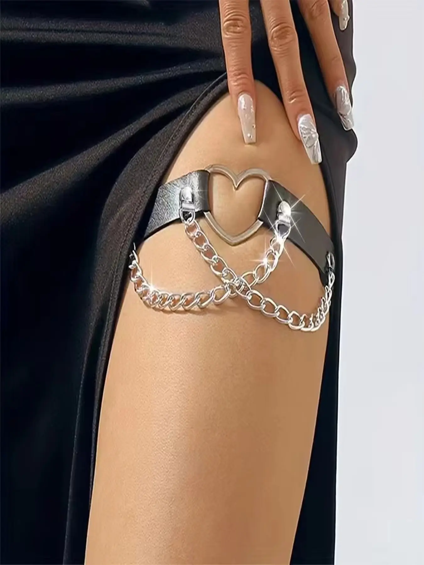 Heart Leather Chain Leg Bracelet, Punk Style Metal Heart PU Leg Ring, Sweet Cool Girl Thigh Chain, Nightclub Decoration Jewelry, Body Jewelry Accessory