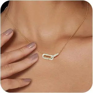Women's Double-Hoop Oval Necklace - Interlocking Multi-Ring Metallic Pendant with Diamond Setting, Luxury Gold-Accented Ornamental Accessory, New Costume Jewelry Wholesale, Diamond Setting Necklaces, Double Hoop Necklaces