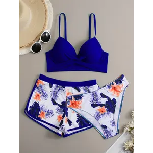 Floral Leaf Print Stretchy 3 Piece Set Swimsuits, Cross Spaghetti Strap Push Up Bikini & Boxer Shorts, Women's Swimwear & Clothing summer outfits