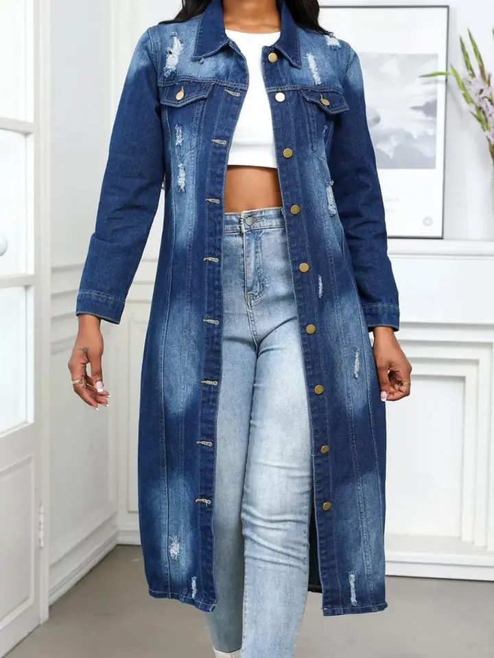 Long Distressed Denim Duster Length Button Front Two-Tone Wash Collared Neck Jean Jacket