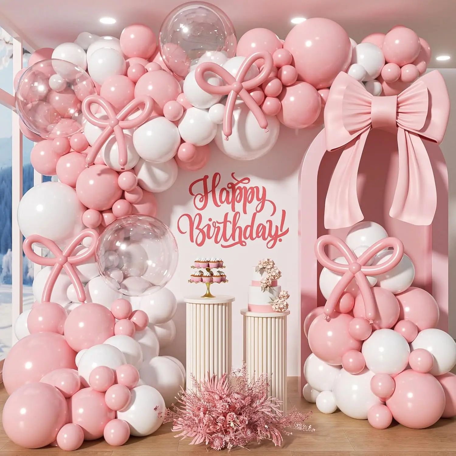 Pink Bow Balloon Garland Arch Kit -  Birthday Decorations  Bow Pink and White Balloon Arch Kit Different Size for Wedding Bridal Girls Birthday  Shower Engagement Party Decorations