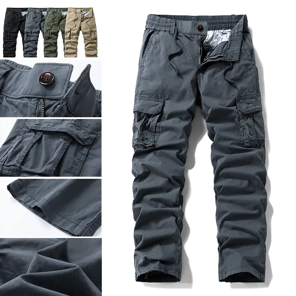 100% Cotton Multi-Pocket Tactical Cargo Pants, 3D Cut Cargo Pockets, Wrinkle-Resistant, Durable Everyday Functional Style Straight-Leg Long Pants