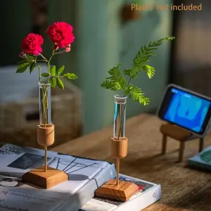 2PCS Wooden Base Cylinder Glass Vases, Creative Hydroponic Planters, Artistic Decorative Pieces, Ideal for Living Room, Fireplace, Bedroom, Kitchen, Office decor,home decor