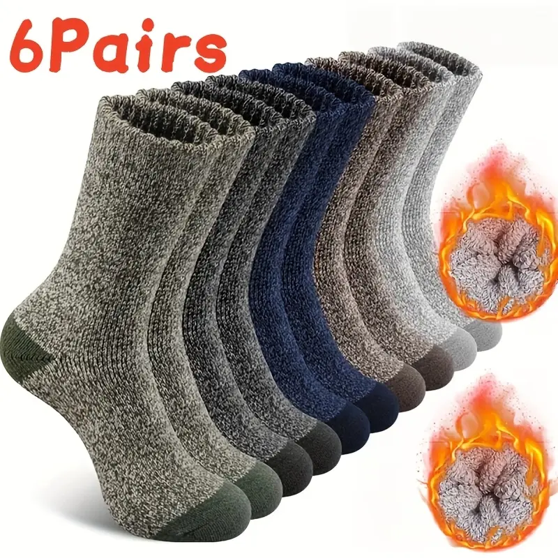 Men's Thick Thermal Socks 6-Pack, Heavy Duty Winter Crew Socks, Marled Knit for Hiking in Cold Weather, Menswear, Socks Set