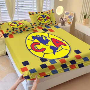 Club América Football Club Fitted Sheet Set with 2 Pillowcases No Core, Red Yellow Blue Patchwork Texture & Team Emblem Design, Soft Non-Slip Wrinkle Resistant, Sports Style Bedroom Decor, Fans Gift, Bed Sheets Set