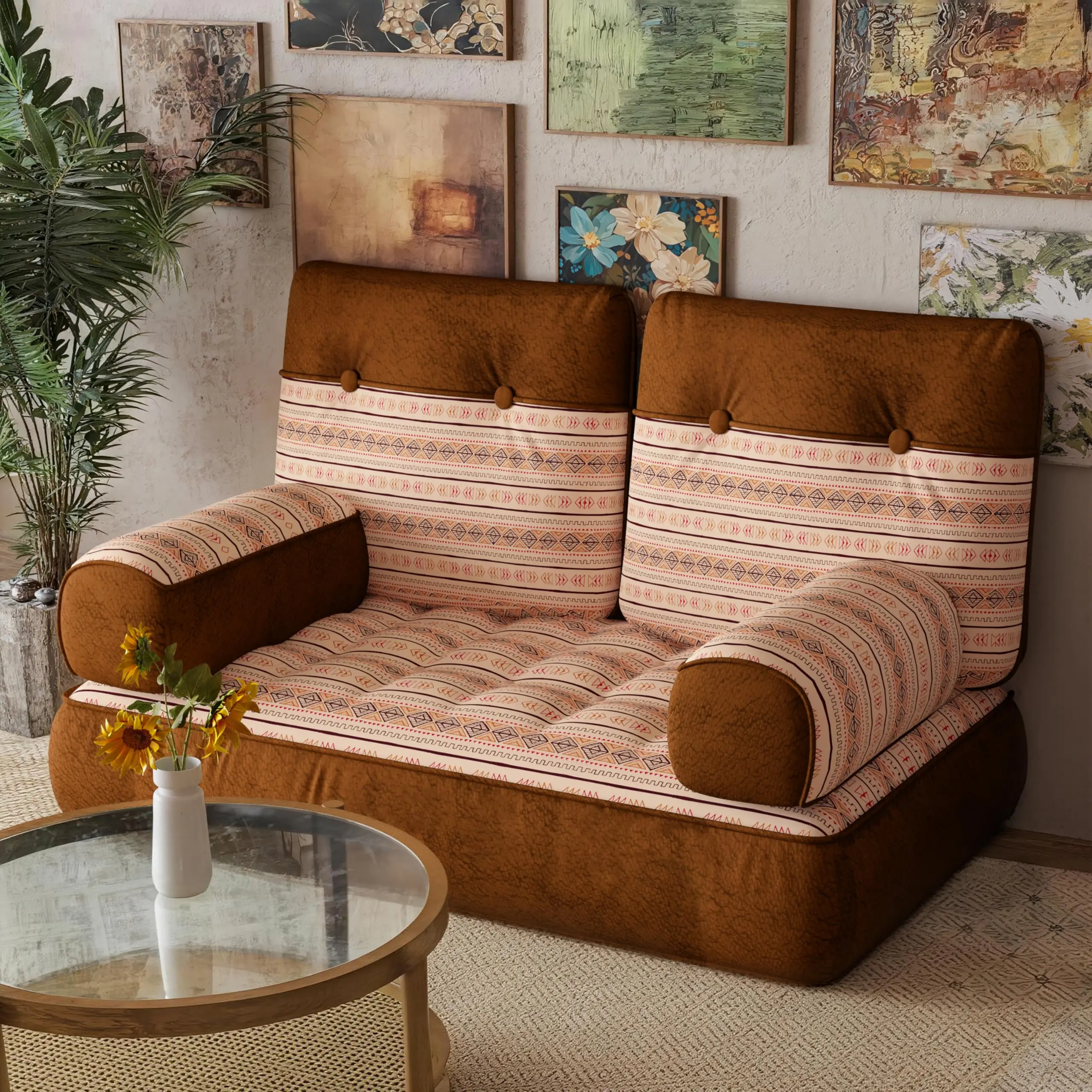 Bohemian Modular Floor Sofa Set, Convertible 2‑Seater Sectional Sleeper Couch, Reconfigurable Linen‑Blend Upholstered Floor Cushion Sofa with Removable Covers for Living Room, Bedroom, Boho & Farmhouse Home Decor