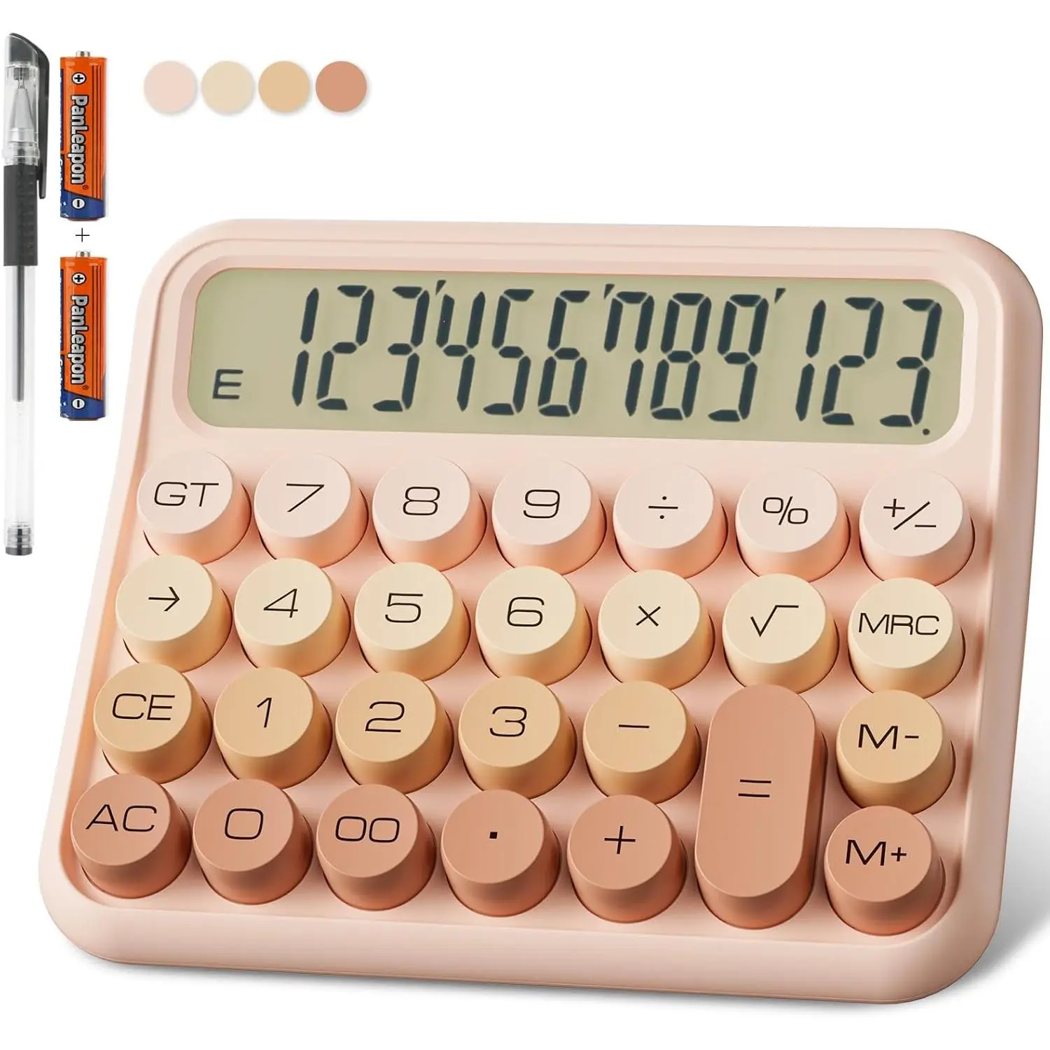 Aesthetic School Supply Rose Pink 12-Digit Mechanical Desktop Calculator, 5in Large LCD 15° Tilt Screen Big Sensitive Buttons, Battery Powered Portable Desktop Organizer Office Accessory Pen And Gear, Aesthetic Gift for Business Students Family Friends