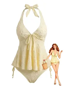 RETRO STAGE Women's 1950s Cream Yellow Textured Floral Halter Deep V Tankini Swim Sets for Women - Sports & Outdoor Bathing Suit Swimwear