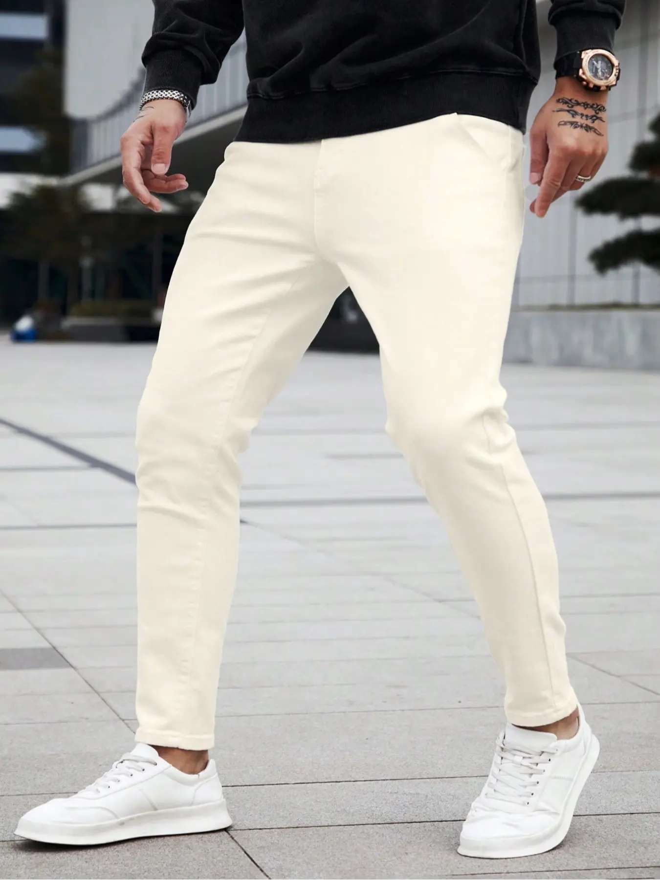 Men's Cream-colored Slim-fit Plain Denim Pants Fashion Casual Jeans Button Fly Closure, neat fit brimming with freshness, easily matching casual, commuting, Streetwear and other styles, Denim Clothing, Menswear