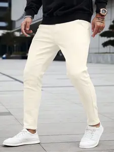 Men's Cream-colored Slim-fit Plain Denim Pants Jeans, neat fit brimming with freshness, easily matching casual, commuting, Streetwear and other styles, Menswear