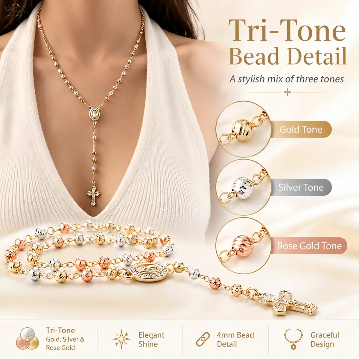 Women's Tri-Tone Rosary Cross Necklace, Female Spiritual Statement Jewelry for Special Occasions, Lightweight Costume Accessory, Oval, Bead, Elegant, Comfortable, Daily, Special Events, Textured Cross, Chain Jewelry Necklaces, Bead Necklaces, Oval Medal
