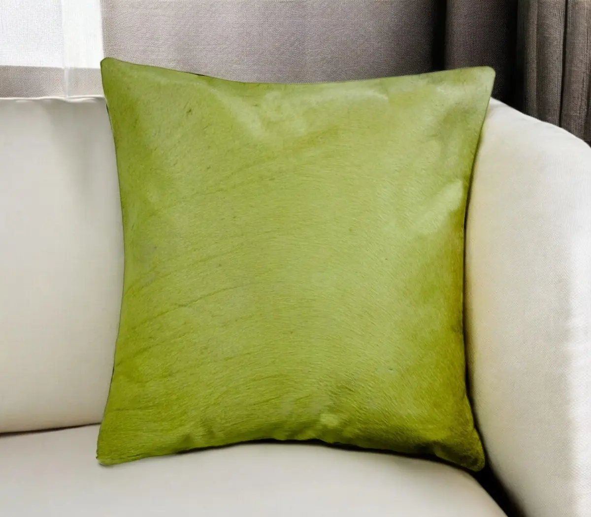 HomeRoots 18 in. Handcrafted Lime Green Cowhide Square Cushion - Removable, Soft Touch, Supportive Throw Pillow for Living Room Decor