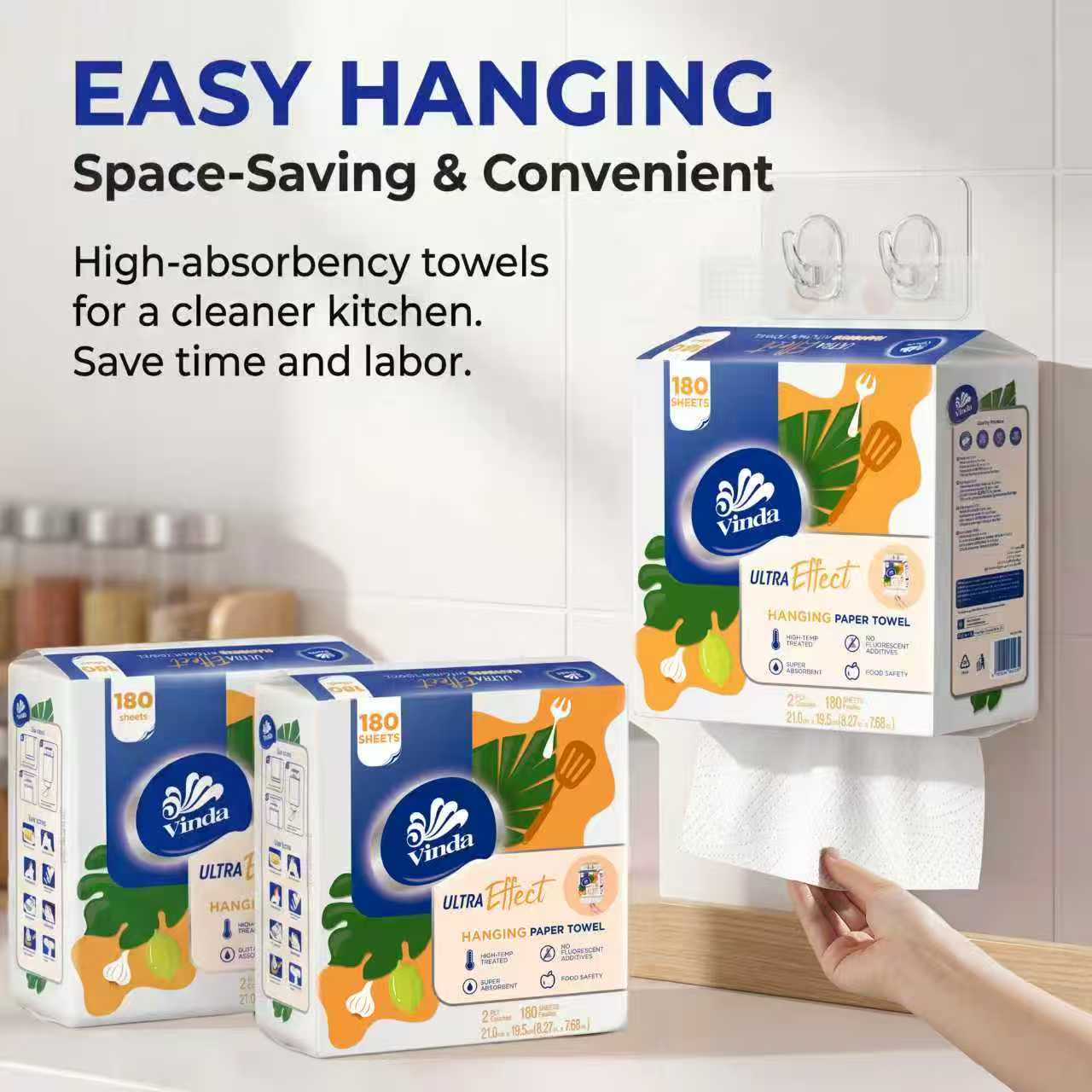 Vinda Hanging Kitchen Paper Towels with free hook -Quick Grab, Fully Protected, Saves Space| Ultra Water& Heavy Oil Absorbent Wipes, Washable & Extra Strong When Wet  2-Ply, 180Sheets/bag,  100% Virgin Pulp, Food Safe - TikTok Must-Have for Kitchens