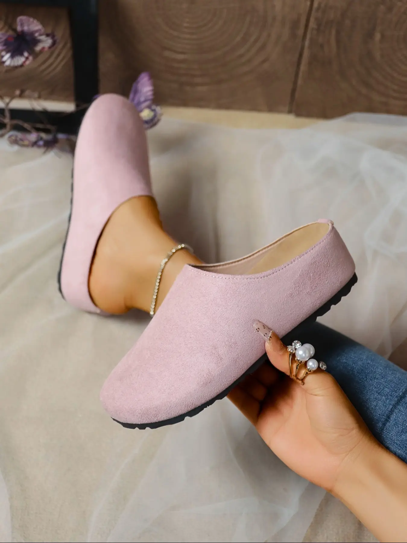 3-Color Suede Textile Upper Rubber Sole Western Mule Flats Are A Vibe! Yellow/Brown/Pink For Sweet/Casual Styles + Cloud-Like Cushion✨ Half Slipper Mules Slip-On Easy & Comfy For Commute/Strolls With Jeans! Women