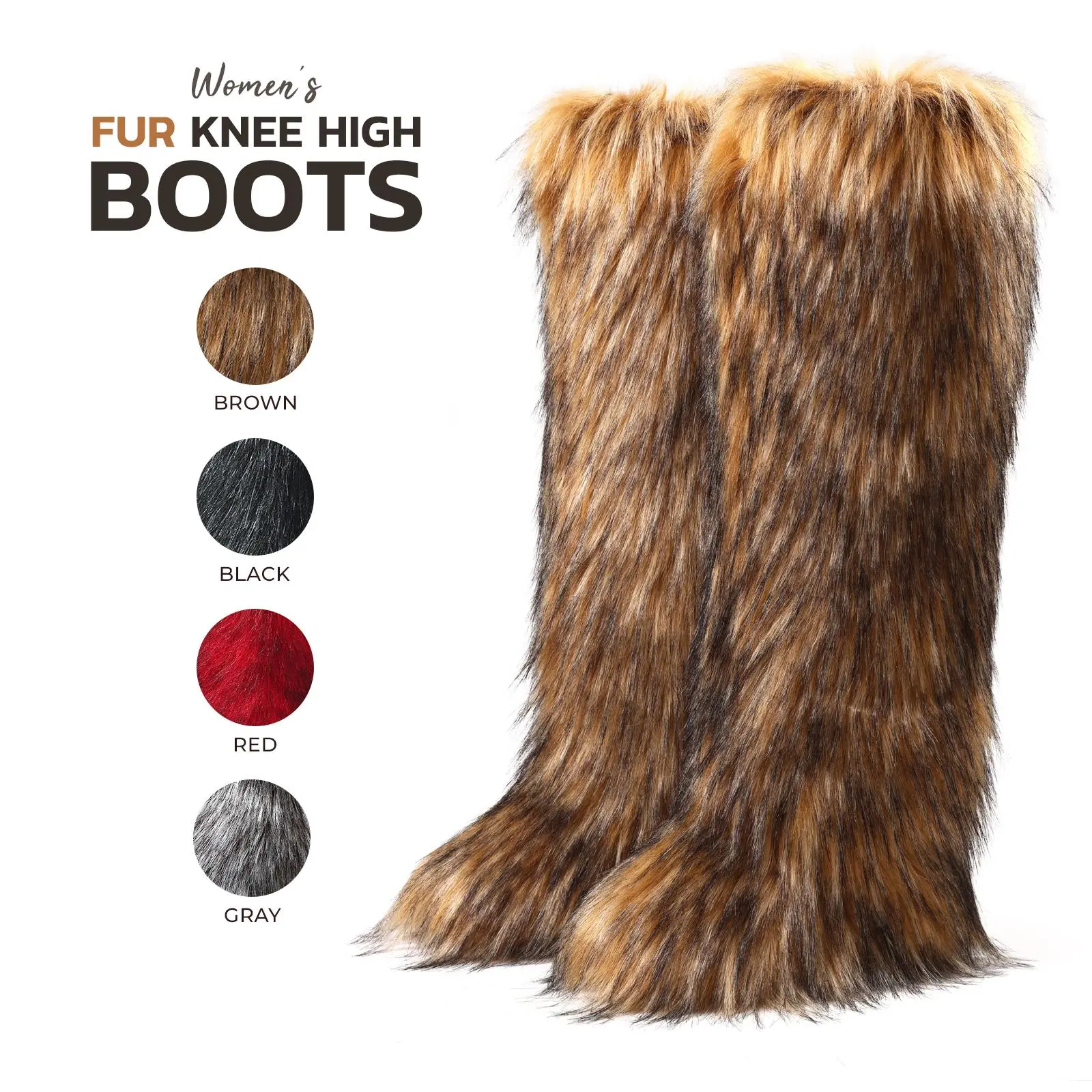 Fur Boots For Women Knee High Round Toe Flat Heel Pull On Fluffy Furry Party Outing Casual Date Warm Comfortable Trendy Fashion Modern Boots