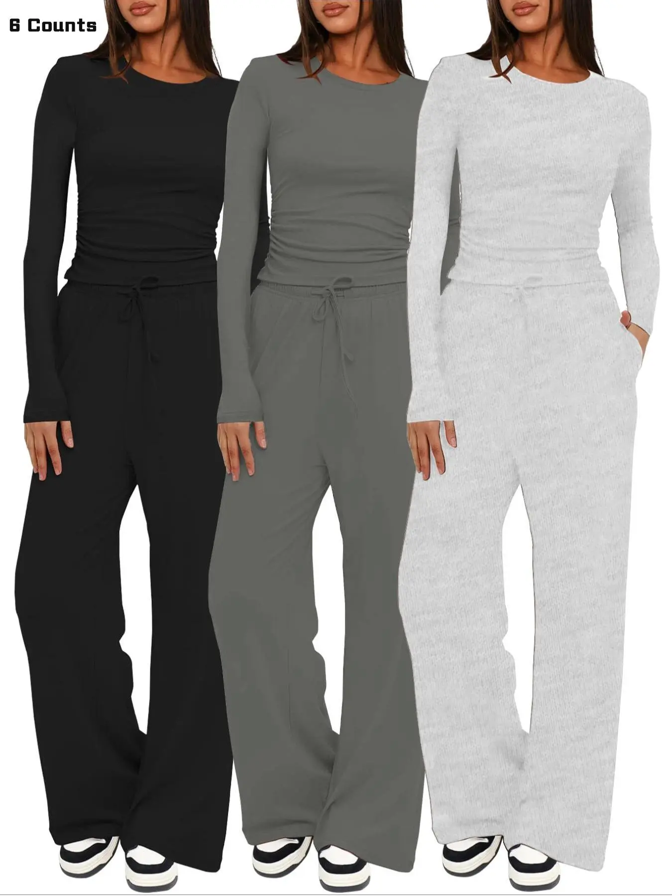 Women's Solid Ruched Drawstring Adjustable Fit Knitting Loungewear Set, Casual Long Sleeve Round Neck Top & Pocket Wide Leg Trousers, Ladies Sleepwear Pajama for All Seasons