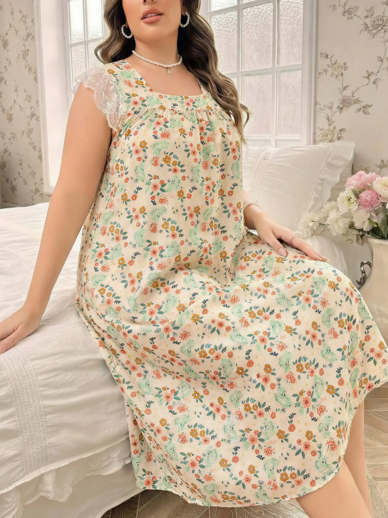 Bubble Cotton Summer Nightgown, Princess Style, Loose-Fit, All-Over Print, Lace Trim, Medium-Length, Plus Size, Casual Home Wear