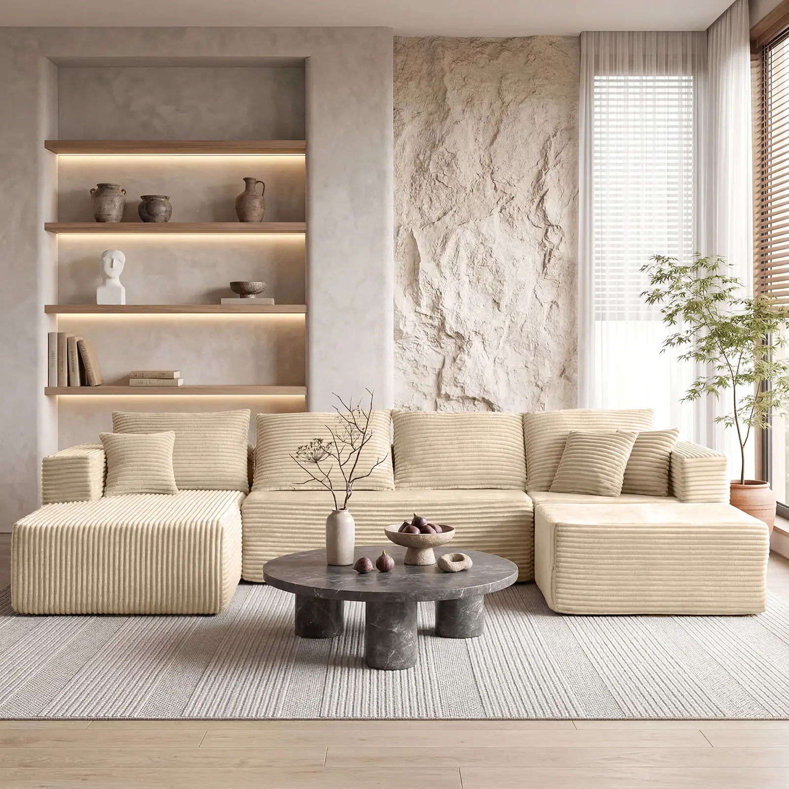 ModMood Cloud Sectional Couch with Corduroy Floor Sofa (133x70") - U/L-Shaped Modular Set + Chaise, Ottoman & 7 Pillows - No Assembly Cozy Lounge compress  sofa tiktok  shop  fyber  monday soft plush corduroy shape couch fluffy memory foam