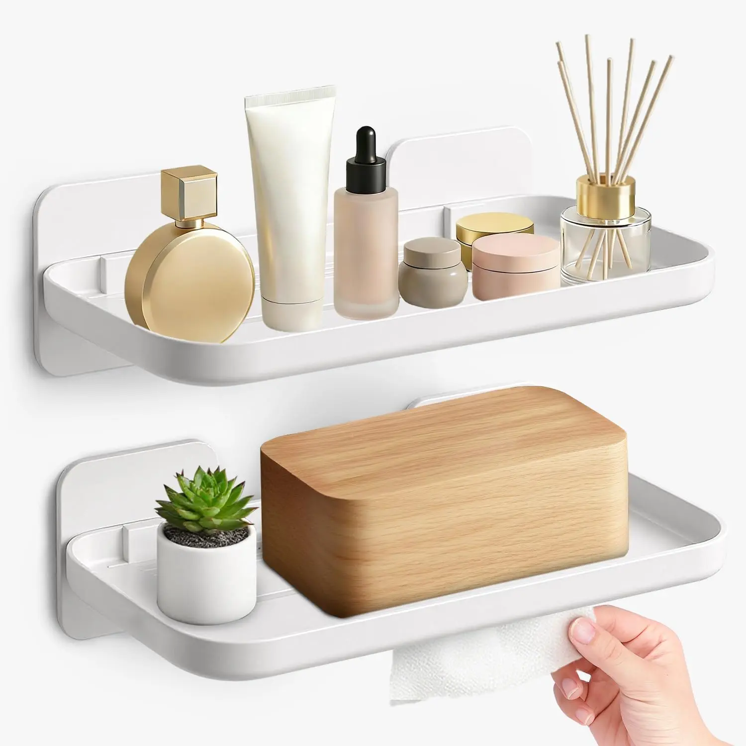 2 Pack Adhesive Floating Shelves, No Drill Small Floating Shelf Wall Storage Damage-Free Wall Mounted Organizer for Bathroom, Kitchen, Bedroom & Office (White)
