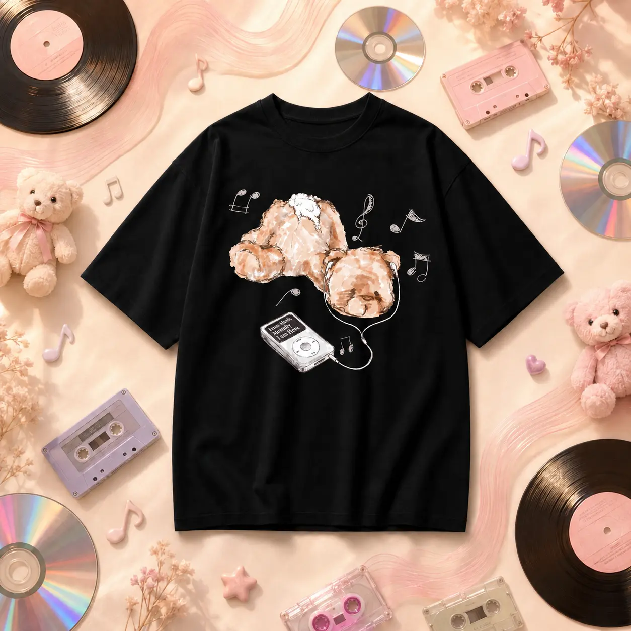 Black Oversized Graphic Tee, Cute Sleeping Teddy Bear with Headphones Print Short Sleeve T-Shirt, Music Lover Casual Streetwear Top