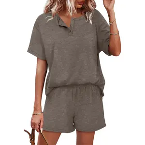 2 Piece Sets for Women Lounge Sets Summer Outfits Button Down Short Sleeve Tops and Shorts Set with Pockets