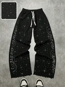 Full Print Rhinestone Star Letter Wide Leg Sweatpants, American Luxury Street Style Casual Long Pants, Trendy Fashion Streetwear Bottoms