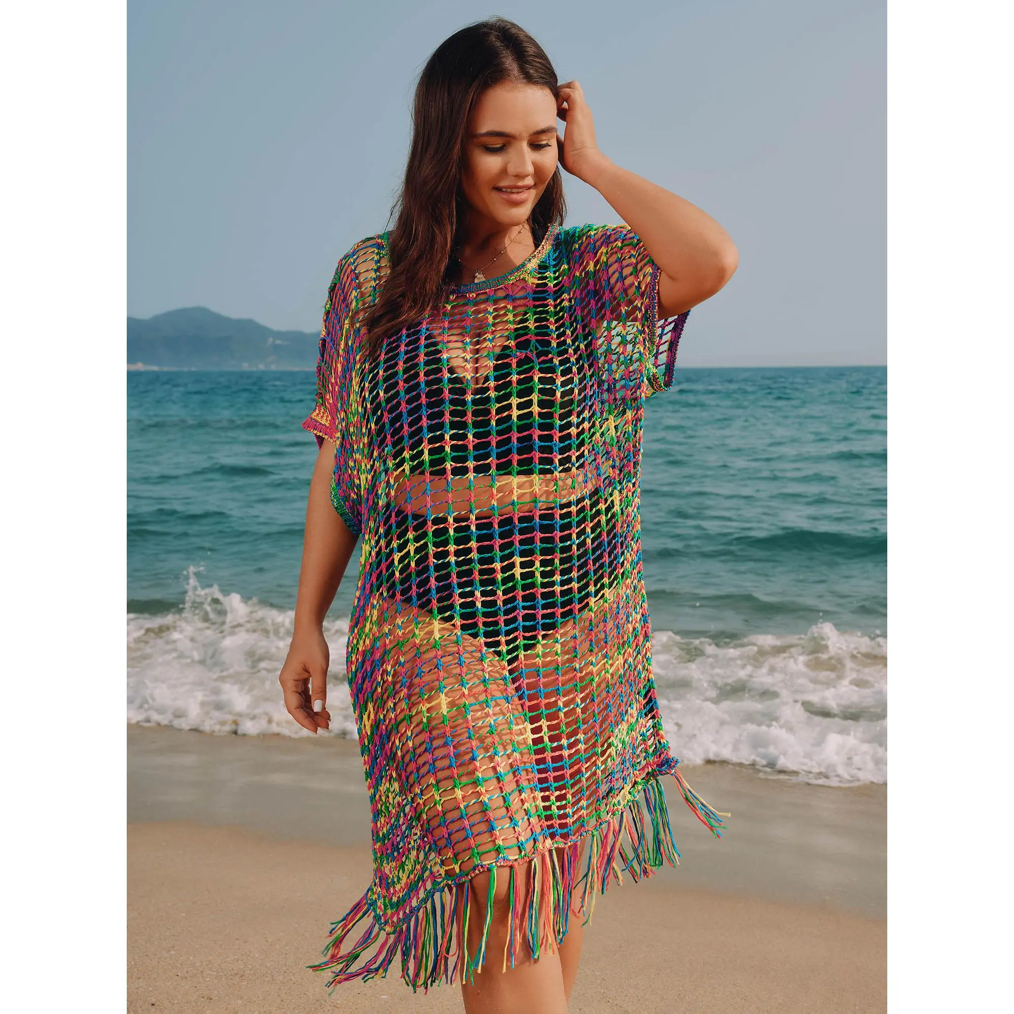 BloomChic Plus Size Women's Front-Cutout Crochet Swimsuit Coverup, Multicolor Loose Fit Resort Tunic, Midi Length, Beach Swimsuit Coverup, Swimwear Coverups