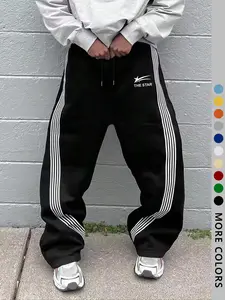 Men's Letter & Stars & Striped Print Drawstring Waist Sweatpants, Logo Sweatpants, Regular Fit Casual Street Elastic Waist Pants for Fall & Winter, Men's Trousers for Daily Wear