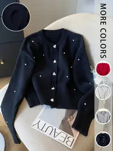 Women's Casual Knit Sweater Cardigan Knitwear, Round Neck Solid Color Heart Button Design, Sequins Beaded Embroidery, Fall & Winter Fashion