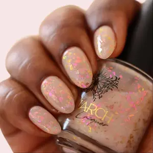 Candy Coated Indie Nail Polish 15mL US 40g Monarch Lacquer Creamy Light Beige with Large Irregular Rainbow Shifting Chameleon Flakes