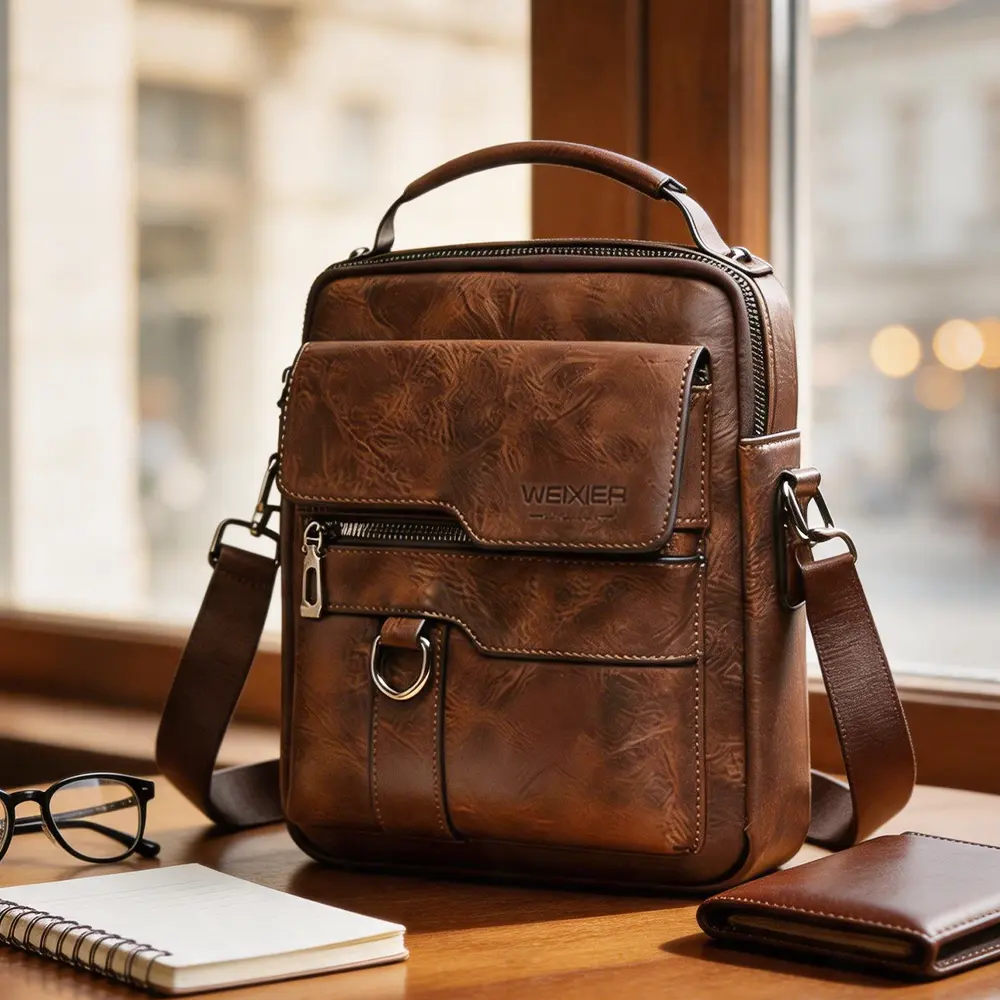 WEIXIER Men's Vintage PU Leather Sling Bag Crossbody - Fashionable Leather Commuting Stylish Shoulder Bag with Adjustable Strap, Zipper Pockets for Business Casual Everyday Carry, Birthday Gift Option