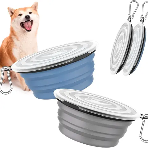 Dog Silicone Collapsible Feeding Set - 2 Pack Fold-Flat Travel Bowls with Lids, Carabiners, Silicone Liquid Feeder, 1000ml Portable Food Water Dishes for Walking (Blue&Gray)