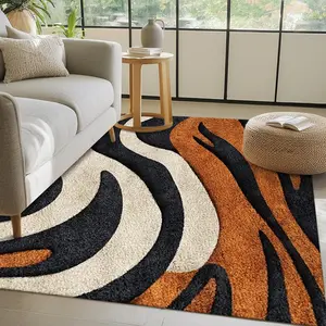 Wavy orange-black-beige abstract pattern, modern minimalist style Living room rug, easy to clean, suitable for hallway, living room 15-25 sqm, kitchen, bedroom 1.5m-1.8m single/double bed, Machine Washable Rug
