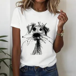Women's Casual Round Neck Puppy Doodle Print Short Sleeve oversize T-Shirt, Cotton 100%, Versatile, made in USA Breathable Breathable Breathable t0226 Womenswear Seamless