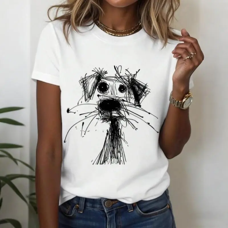 Women's Casual Round Neck Puppy Doodle Print Short Sleeve oversize T-Shirt, Cotton 100%, Versatile, made in USA Breathable Breathable Breathable t0226