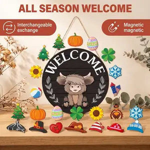 Easter Highland Cow Decorative Sign, with interchangeable welcome sign, equipped with a magnetic detachable hat, cute cow-shaped ornament, suitable for Easter holidays, seasonal western cow decoration, birthday, home wall, living room, garden, farm, porch