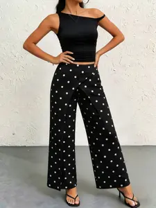 French Retro Vintage Polka Dot Overlay High Waist Wide Leg Pants Womenswear Office Casual Polka Dot High Waist Flowy Wide Leg Trousers Vacation Resort Polka Dot High Waist Asymmetric Overlay Wide Leg Pants