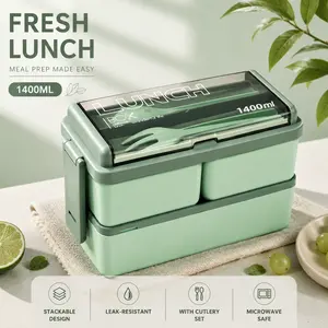 Bento Box Adult Lunch Box, 49oz/1400ml 2-Layer Stackable Lunch lunchable food Container with 3 Compartments, Spoon & Fork, Microwave Dishwasher Freezer Safe Meal Prep Box for Work, School, Picnic, Green