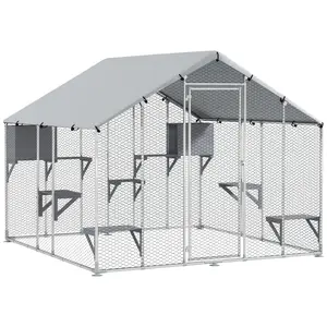 PawHut Catio Outdoor Cat Enclosure, 94.5" Extra Large Walk-in Cat House with Waterproof Cover, 2 Resting Boxes, 7 Jumping Platforms, Chicken Run Coop, Rabbit Hutch, Feral Cat Shelter for Multiple Cats