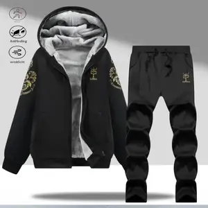A set of black fleece lined hooded sweatsportswear with a casual feel and warm style. The hoodie features excellent craftsmanship in details such as the hood, zipper, and embroidery. The fleece material has a premium texture; the pants have good fabric qu