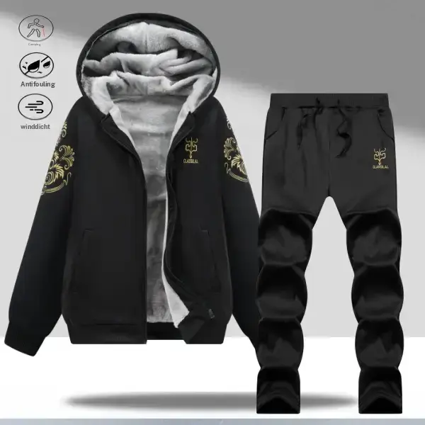 Men's 2-Piece Long Sleeve Warm Textured Fleece-Lined Tracksuit Set - Zipper Hoodie & Pants Black Knit Workout Set for Casual Gym Wear, Sweatsuit Set